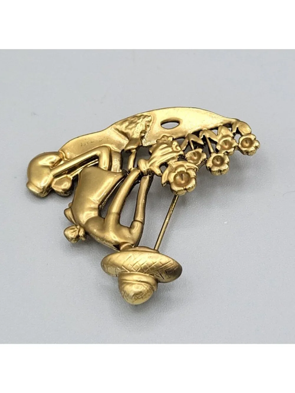 Gold Tone Gardening Woman Brooch Lady Kneeling Planting Flowers Vintage
